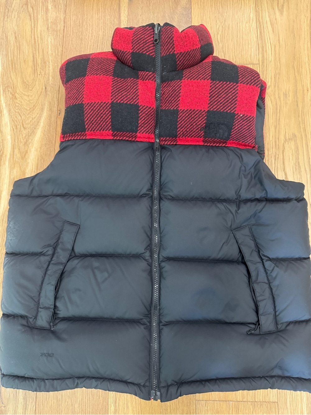 The North Face Black Puffer Vest with Red Buffalo Plaid Collar